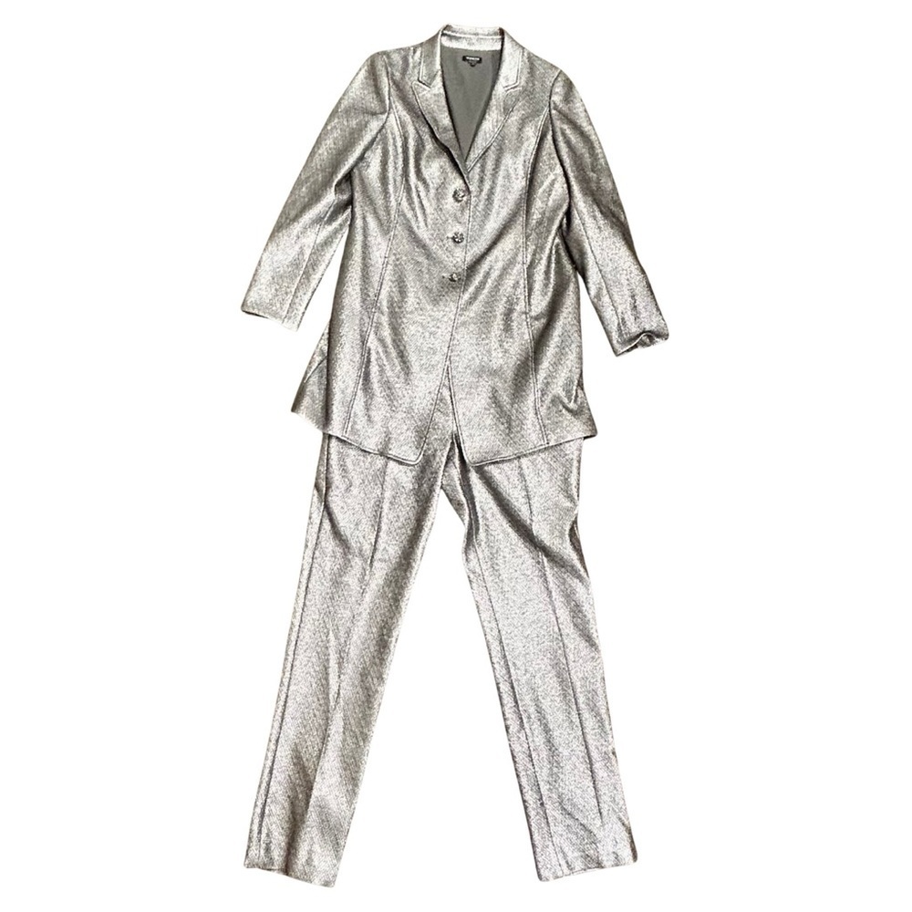 Worth New York Silver Metallic Blazer & Pants Set | Size 16